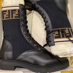Fendi Rockoko Knit Leather Combat boots